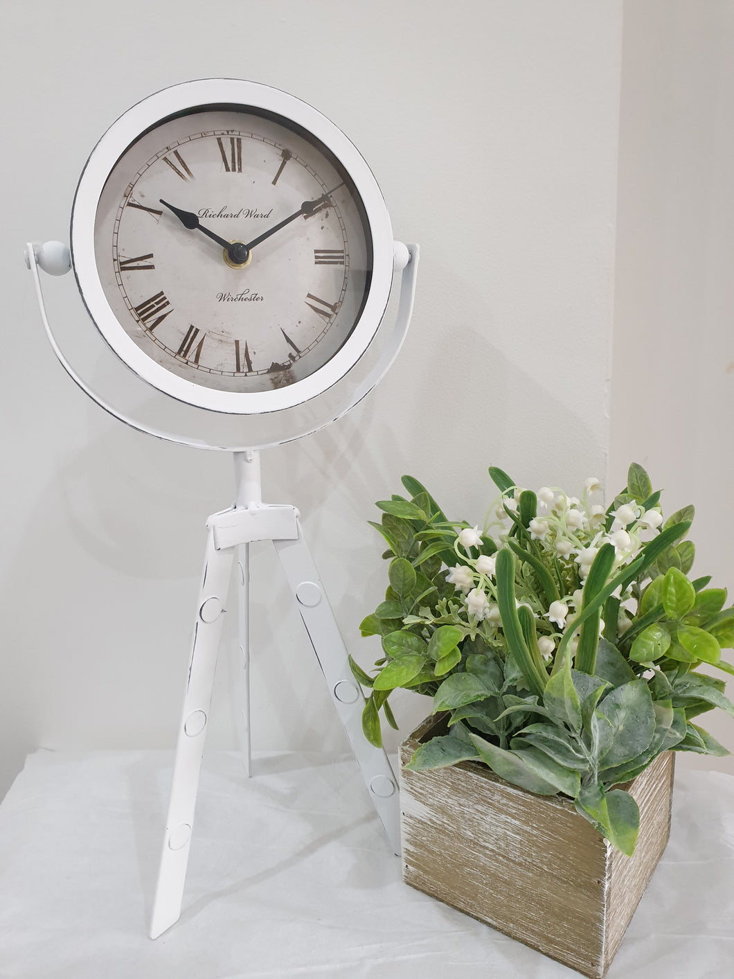 Vintage Clock on Tripod in White