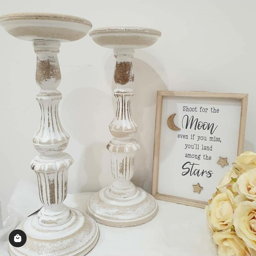 Large white washed wooden candle holder