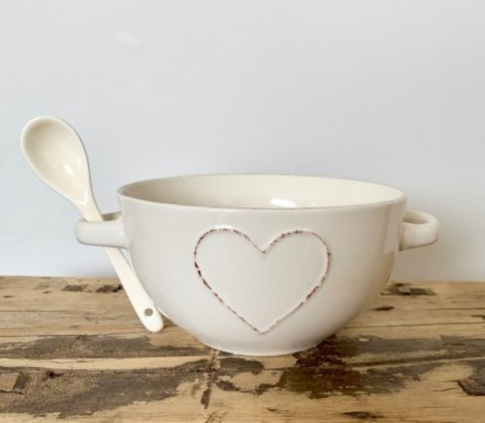 Cream Heart Embossed Bowl with Handles
